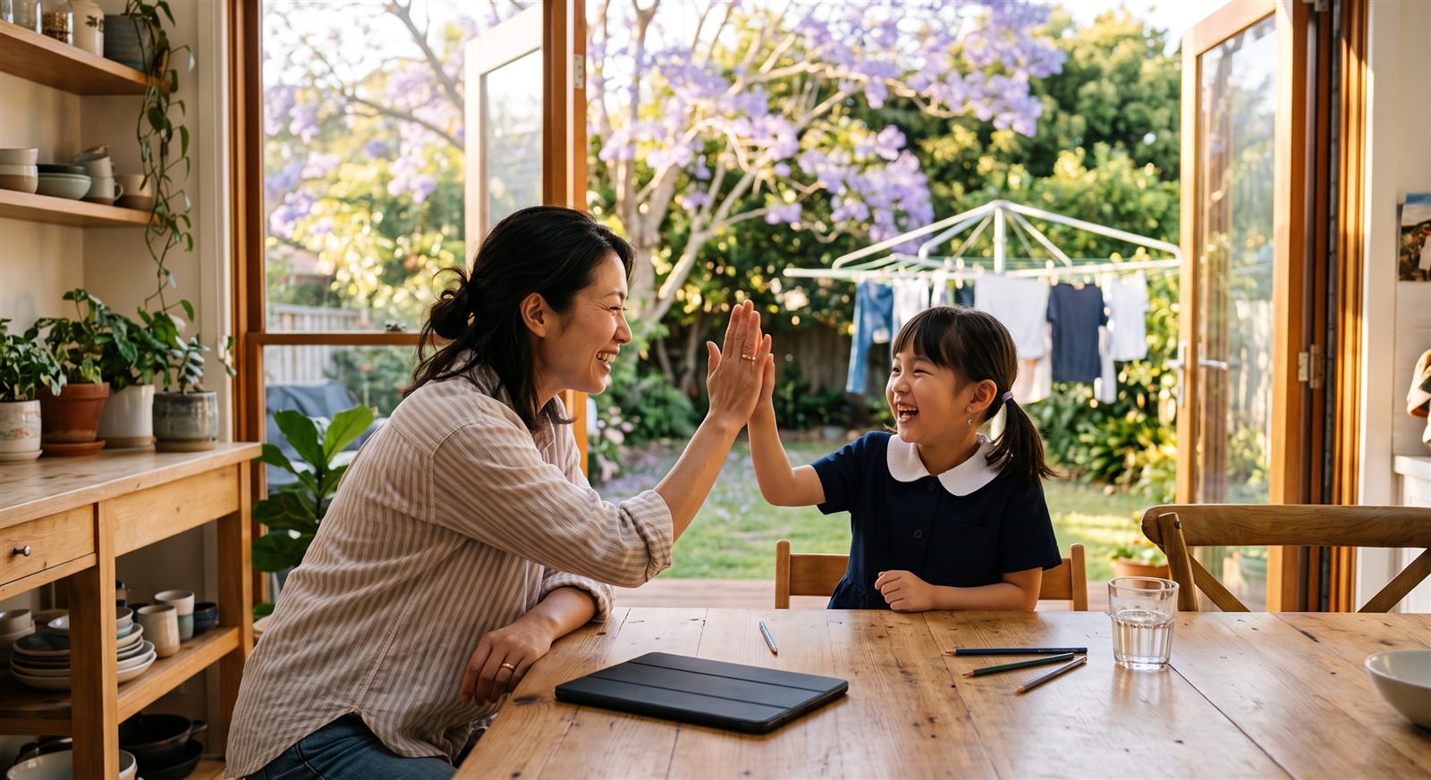 An Amsterdam parent and child smiling at a laptop during a weekend online Japanese lesson