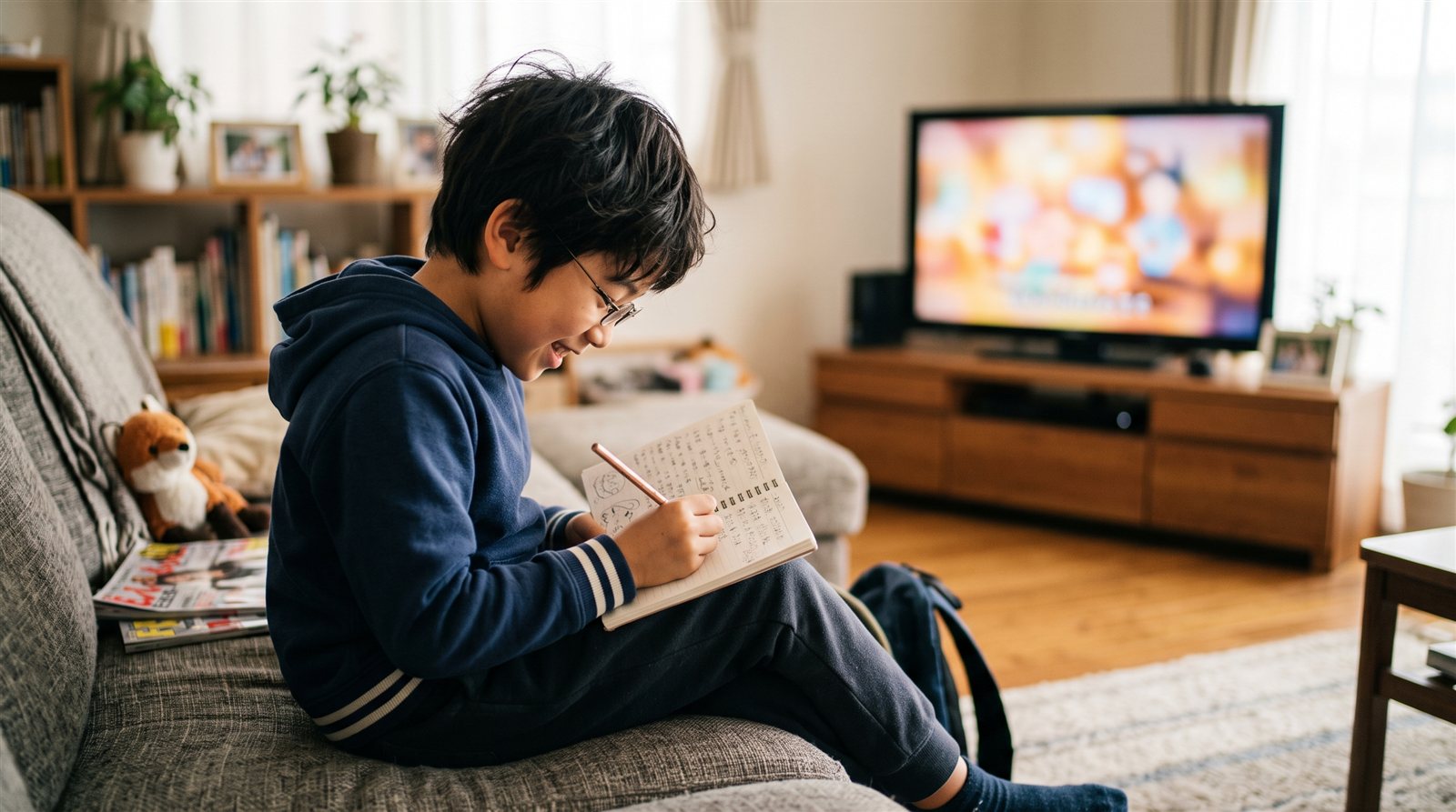 A boy jotting down Japanese words in a notebook while watching anime on TV