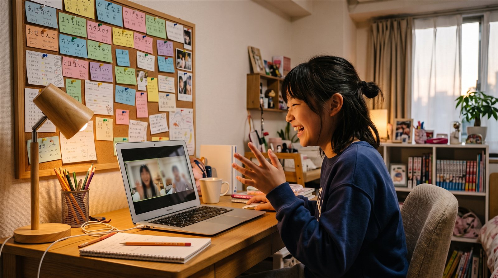 A girl happily using Japanese phrases from anime on a video call with a friend in Japan