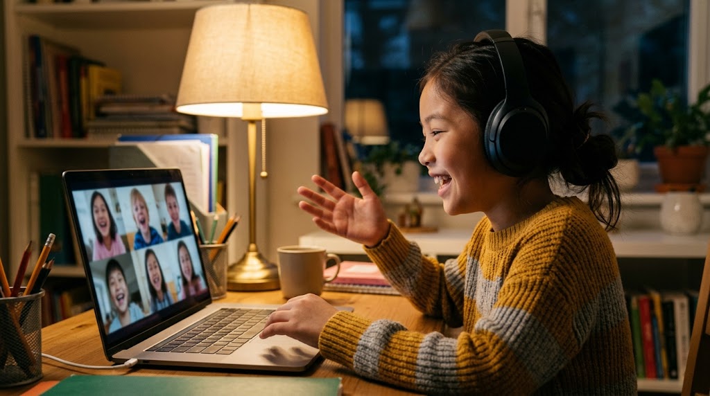 オンラインのグループレッスンで、同世代の友達と笑顔で日本語で話す子ども