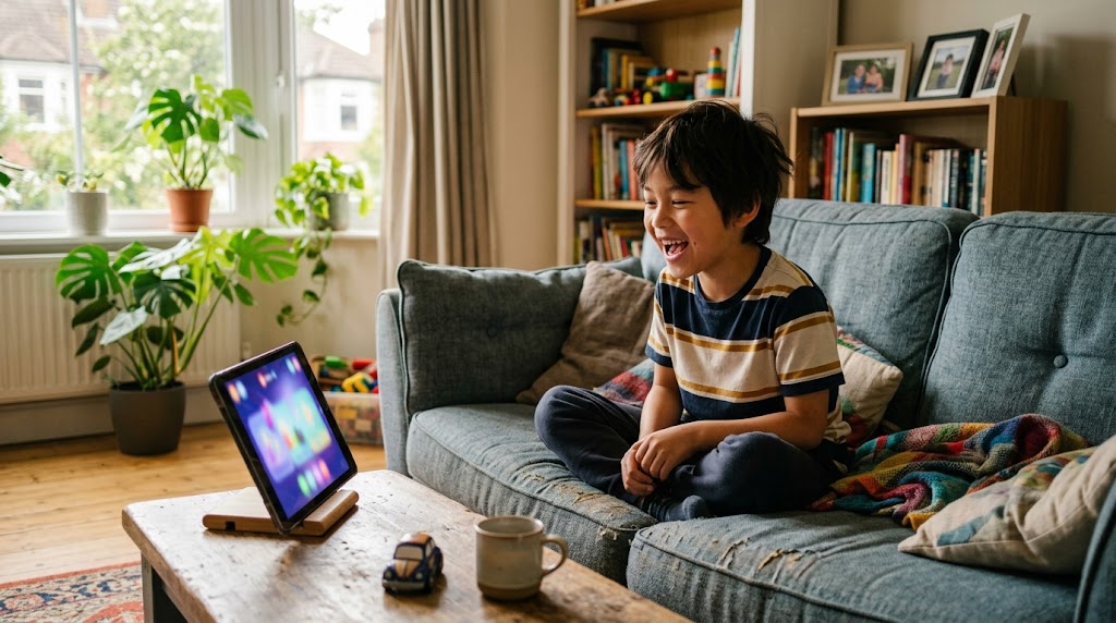 自宅でタブレットのアニメを見ながら、セリフを声に出してまねする子ども