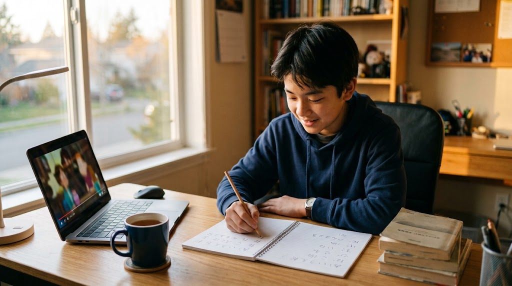A Japanese teenage boy watching anime on a laptop and writing hiragana in a notebook to learn Japanese