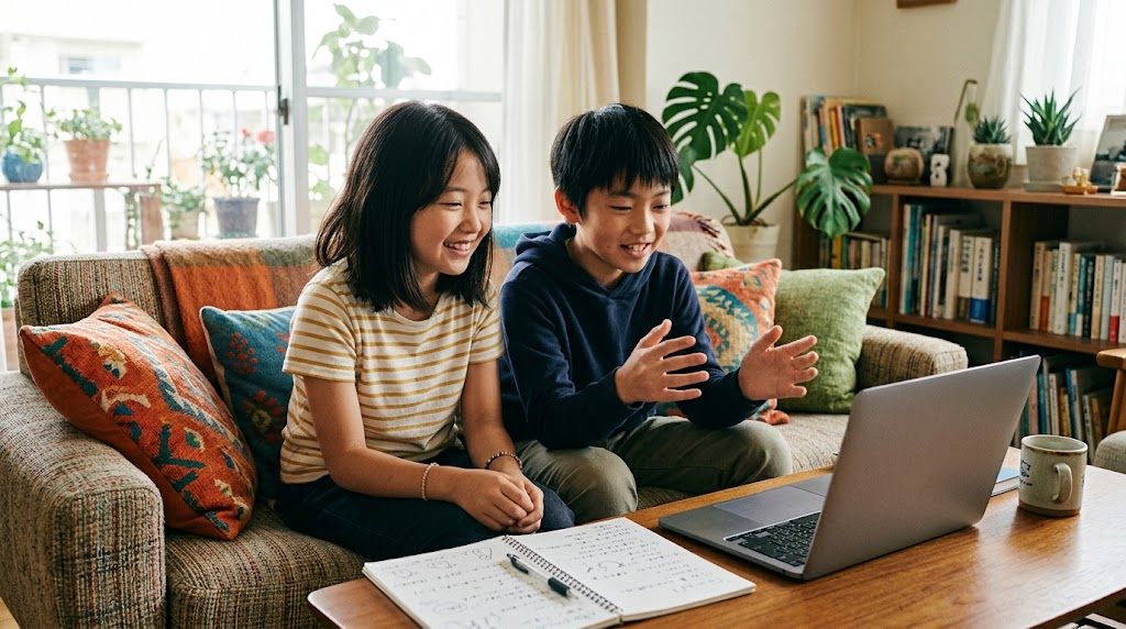 Two children talking Japanese out loud on a video call, turning anime words into real conversation