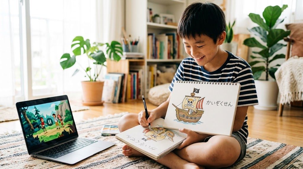 A boy drawing a pirate ship and writing Japanese hiragana, learning Japanese with One Piece