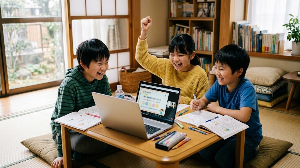 Three children cheering during an online Japanese lesson, using One Piece phrases with friends