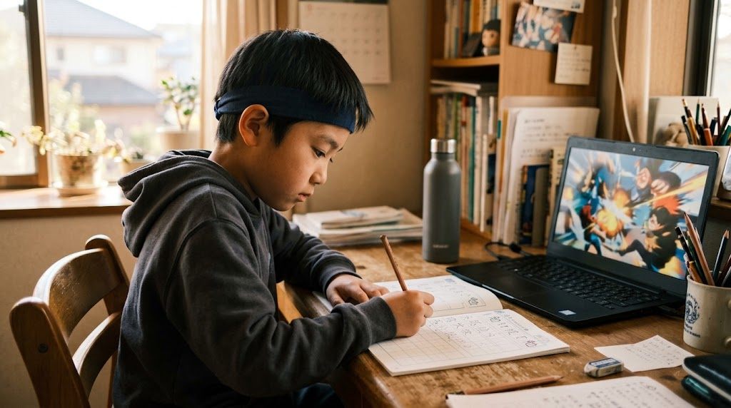 A determined boy in a headband practicing writing Japanese kanji, learning Japanese with Naruto