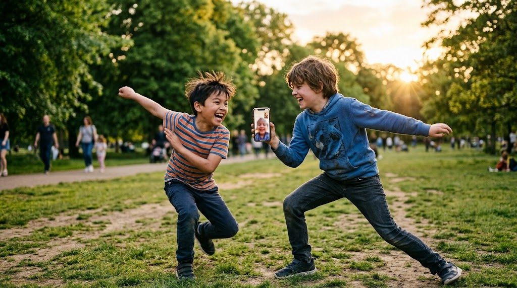 Two boys playing ninja outdoors while on a video call, turning Naruto phrases into real Japanese practice