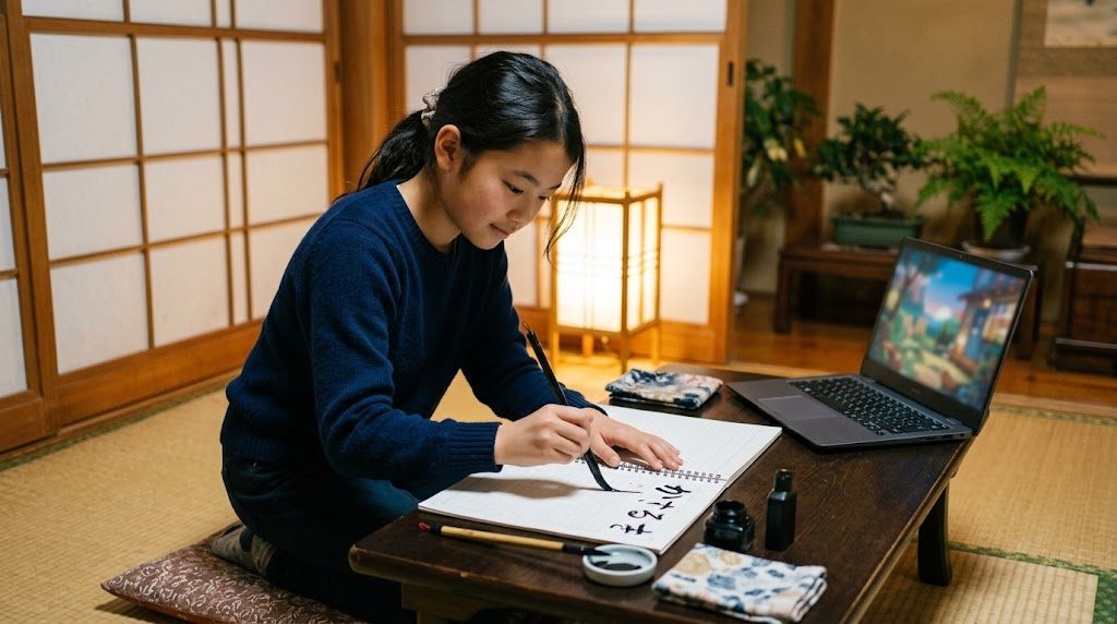 A focused girl practicing Japanese writing with a brush pen, learning Japanese with Demon Slayer