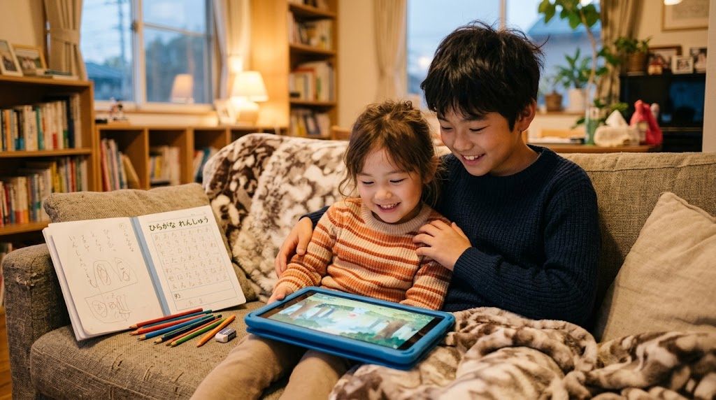 An older brother and his little sister watching a gentle anime together and studying Japanese