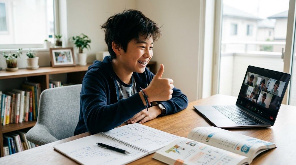 A confident teenage boy giving a thumbs up during an online Japanese lesson, learning Japanese with Jujutsu Kaisen