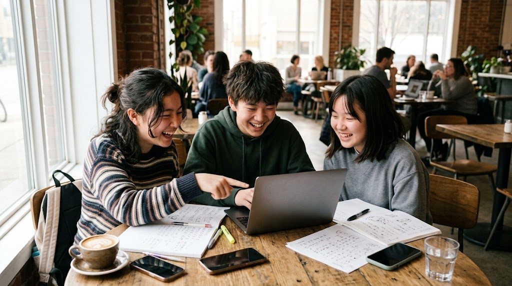 Three teenagers studying Japanese together and laughing, turning anime phrases into real conversation