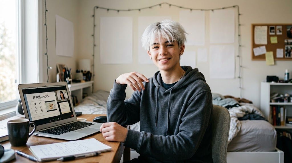 A cool confident teenage boy in an online Japanese lesson, learning Japanese with Gojo from Jujutsu Kaisen
