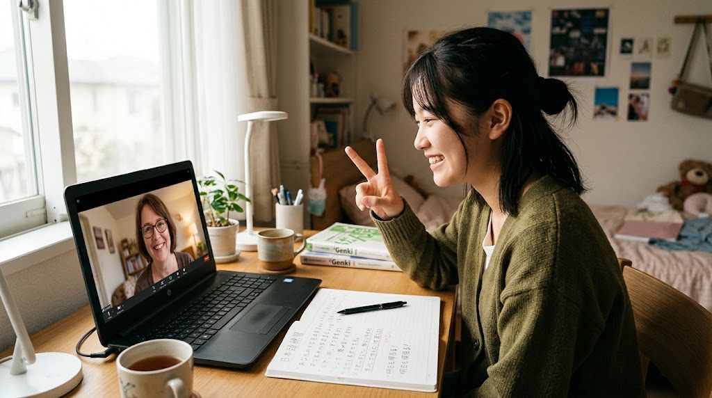 A friendly teacher and student on a video call practicing Japanese together