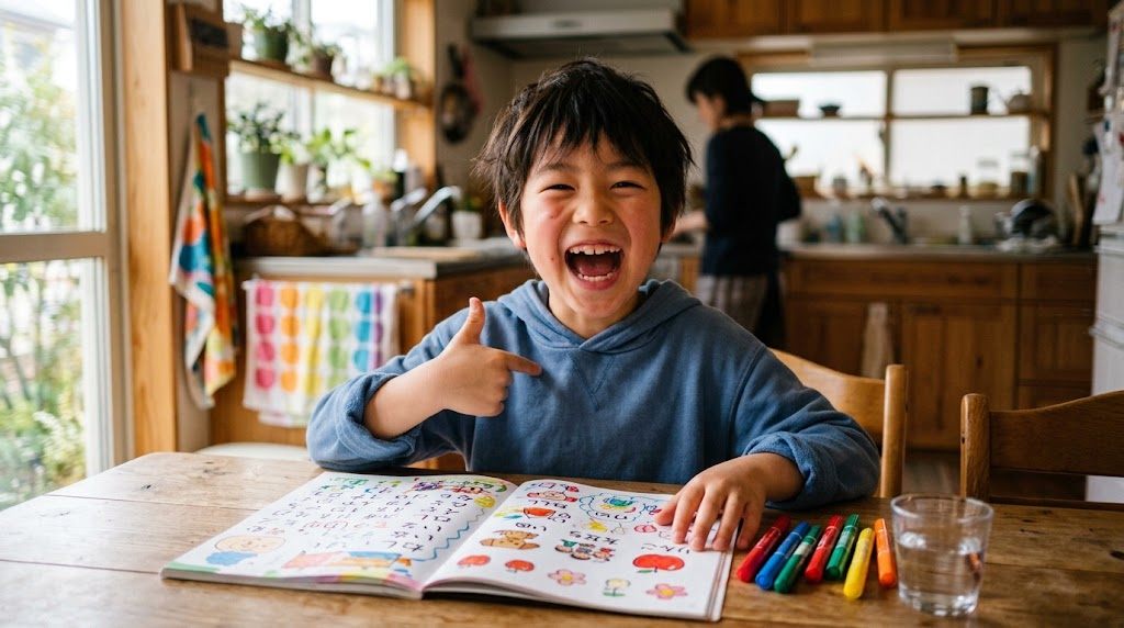 An energetic young boy pointing at himself confidently while studying Japanese, like Naruto saying dattebayo