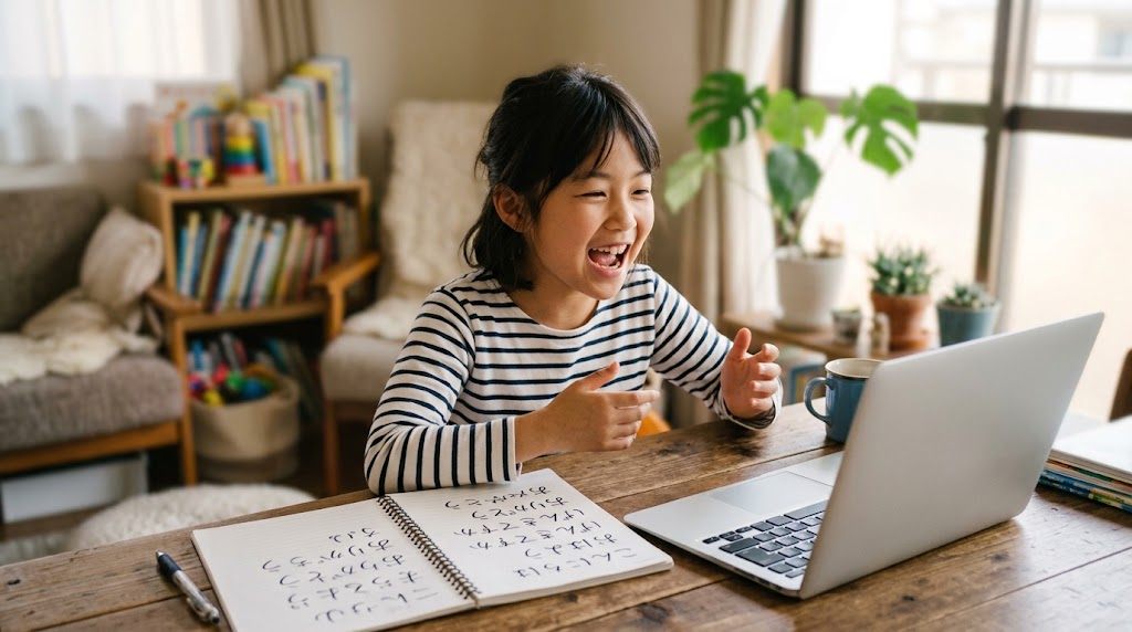 A girl practicing saying Japanese phrases out loud in an online lesson