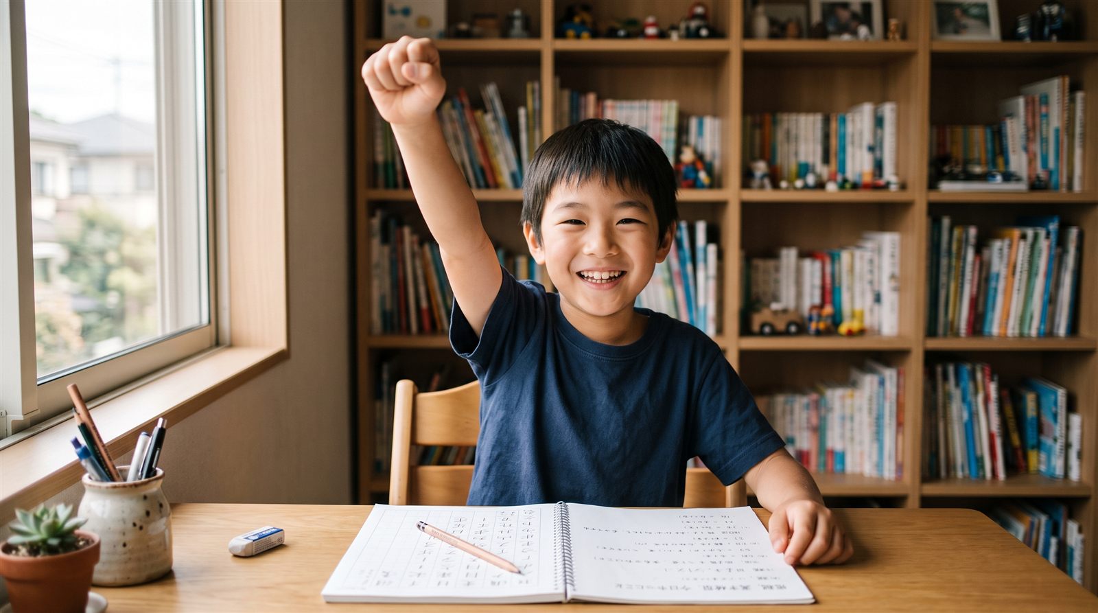 A boy in a hero pose at his desk with a Japanese notebook, learning Japanese with My Hero Academia