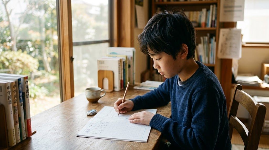 A boy writing Japanese in a notebook by a window, learning Japanese with Attack on Titan