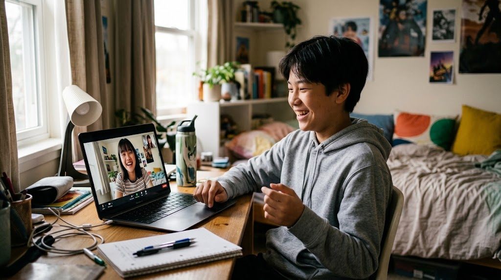 Two teenagers talking on a video call, practising Japanese phrases with friends their own age