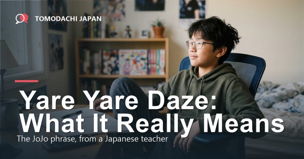 Yare yare daze meaning explained: a relaxed teen with a Japanese notebook, TOMODACHI JAPAN