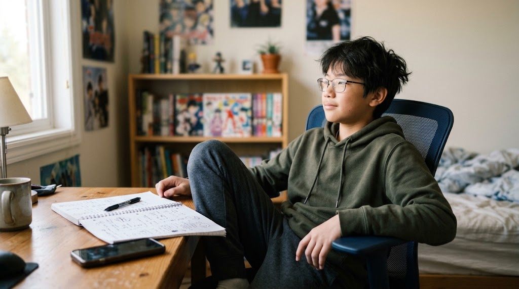 A teen relaxing with a notebook, learning the Japanese phrase yare yare daze from JoJo