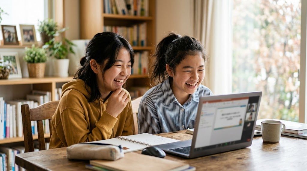 Two friends laughing during an online Japanese lesson while practising casual phrases