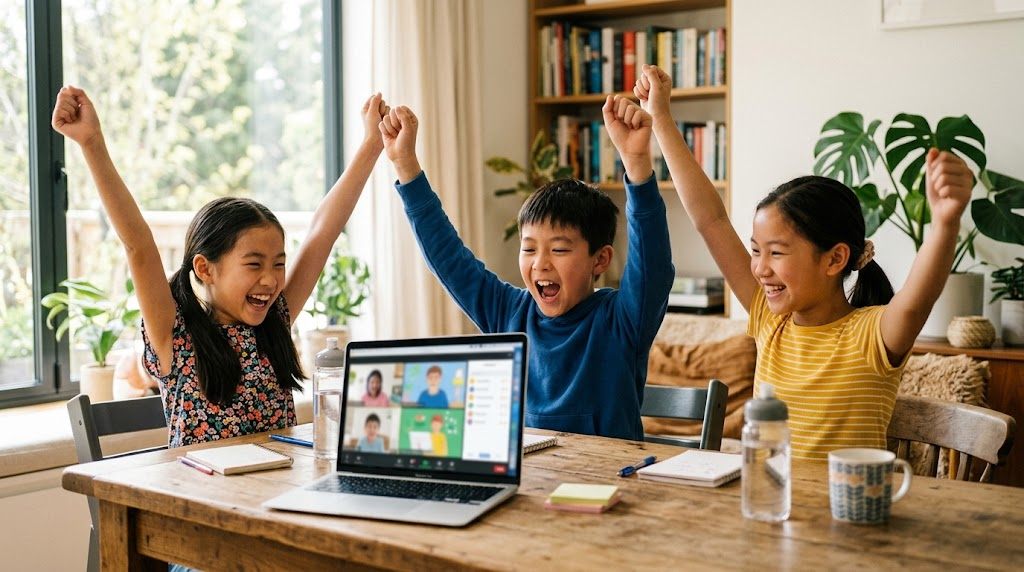 Children cheering during an online Japanese lesson, practising phrases with friends their own age