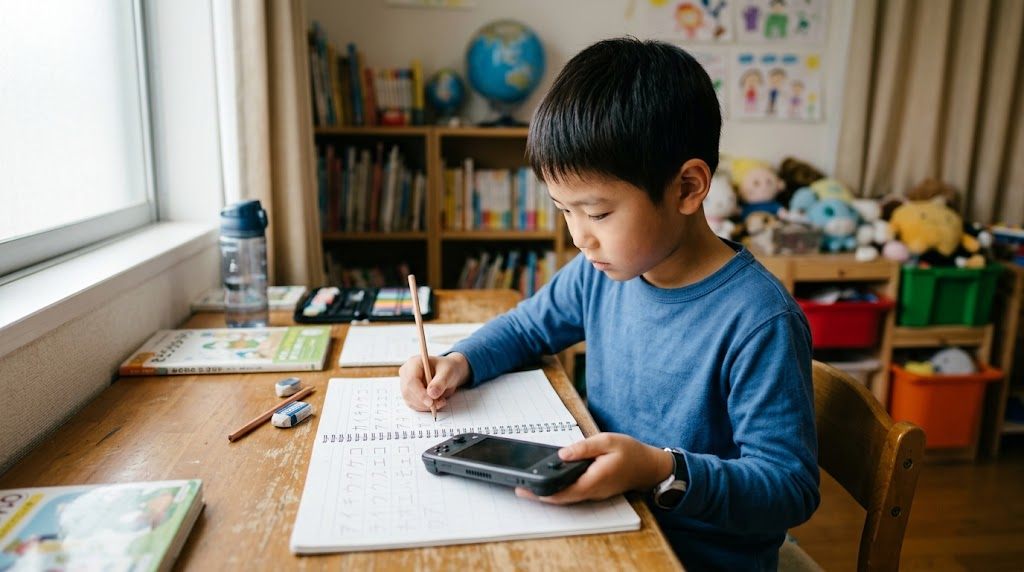 A child practising katakana in a notebook while playing a game, learning Japanese with Pokemon