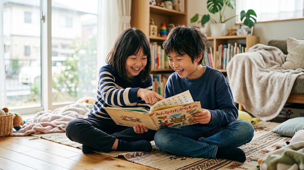 Children reading Japanese together during an online lesson, practising with friends their own age
