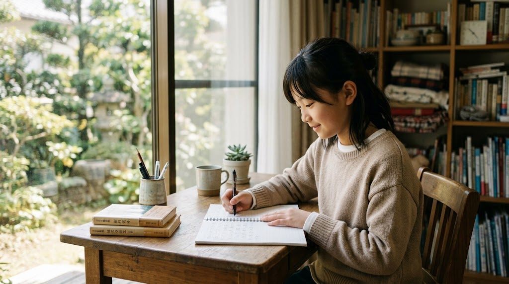 A girl writing Japanese calmly by a window, learning Japanese with Frieren