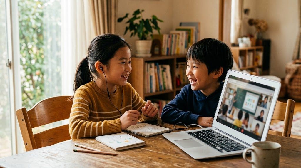 Two children talking warmly during an online Japanese lesson with a teacher
