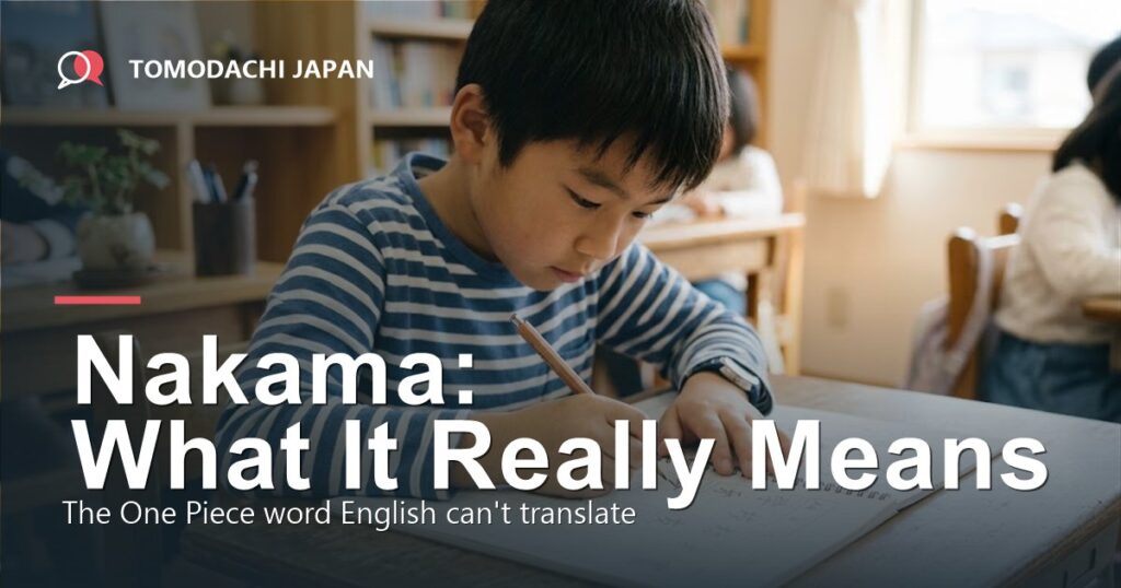 Nakama meaning explained: a child writing the kanji for nakama in a notebook, TOMODACHI JAPAN