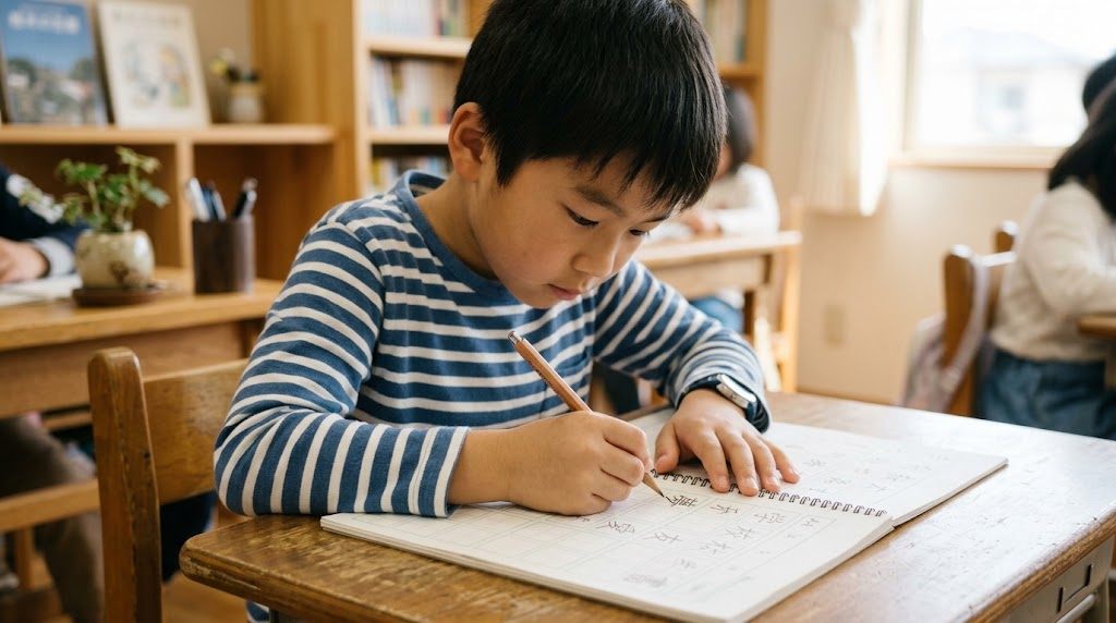 A child writing the kanji for nakama in a notebook, learning Japanese with One Piece