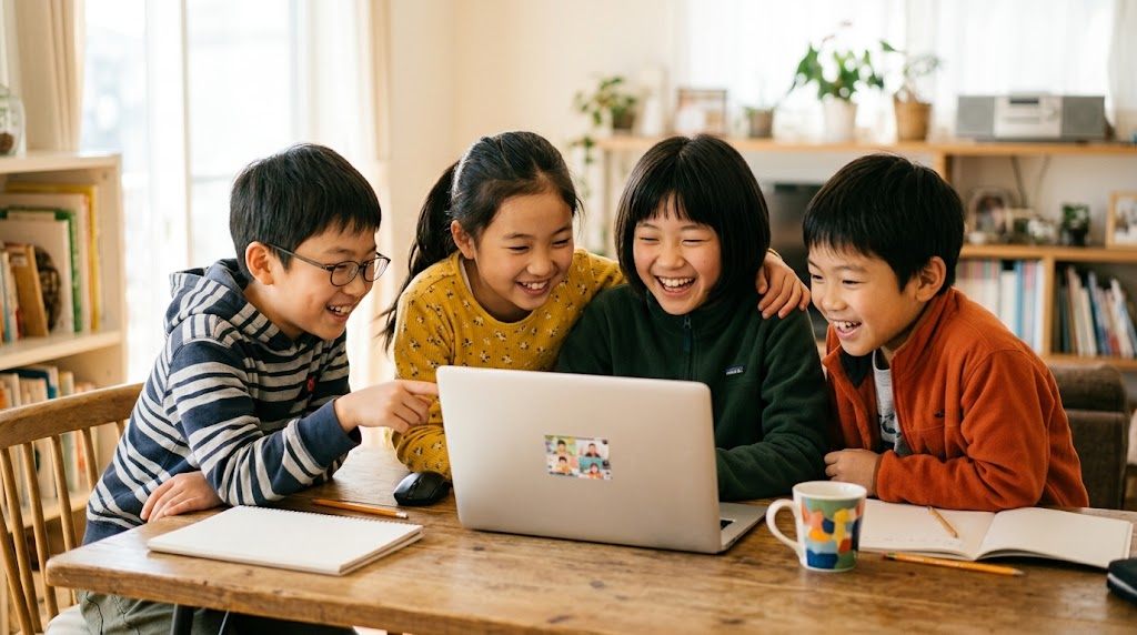 A small group of children smiling together during an online Japanese lesson