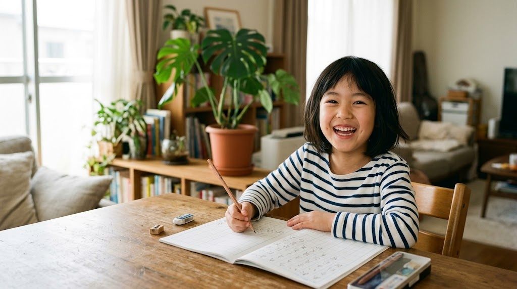 A young girl smiling excitedly at a notebook, learning simple Japanese words with Spy x Family
