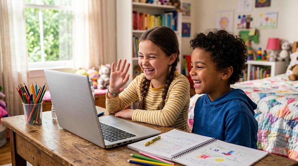 Two children laughing together on an online lesson, practising simple Japanese phrases with friends