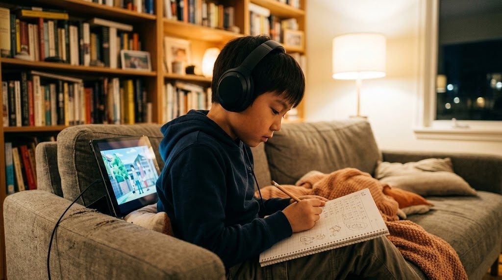 A child watching anime while writing Japanese notes, choosing the best anime to learn Japanese