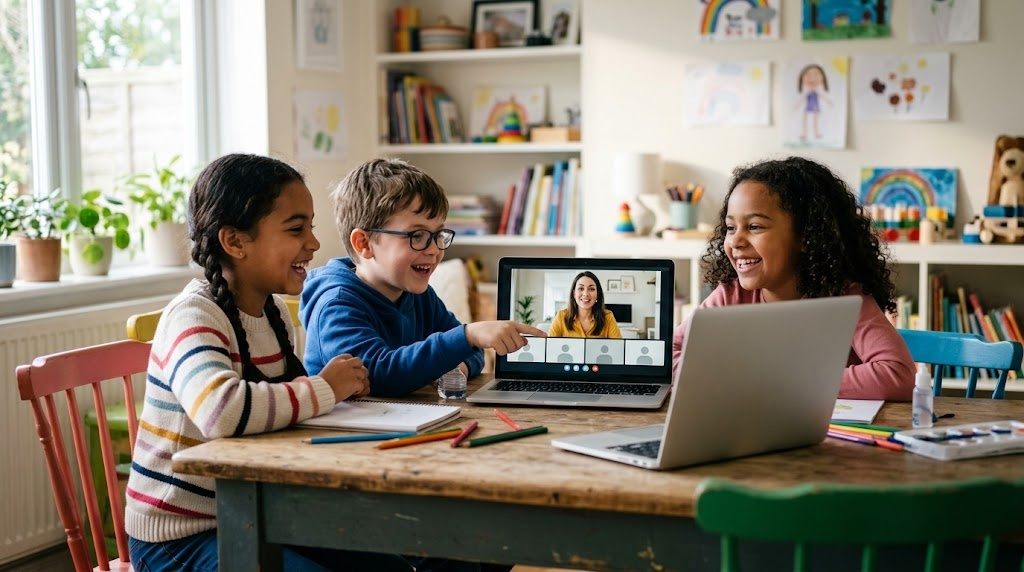 Children practising Japanese together on a video call with a teacher, turning anime words into conversation
