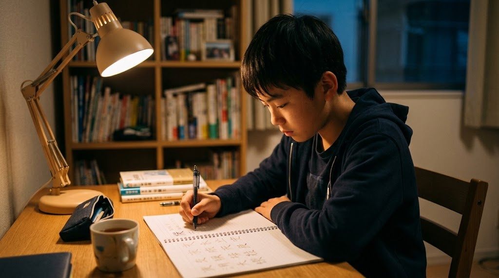 A teenage boy writing Japanese in a notebook at his desk, learning Japanese with Chainsaw Man