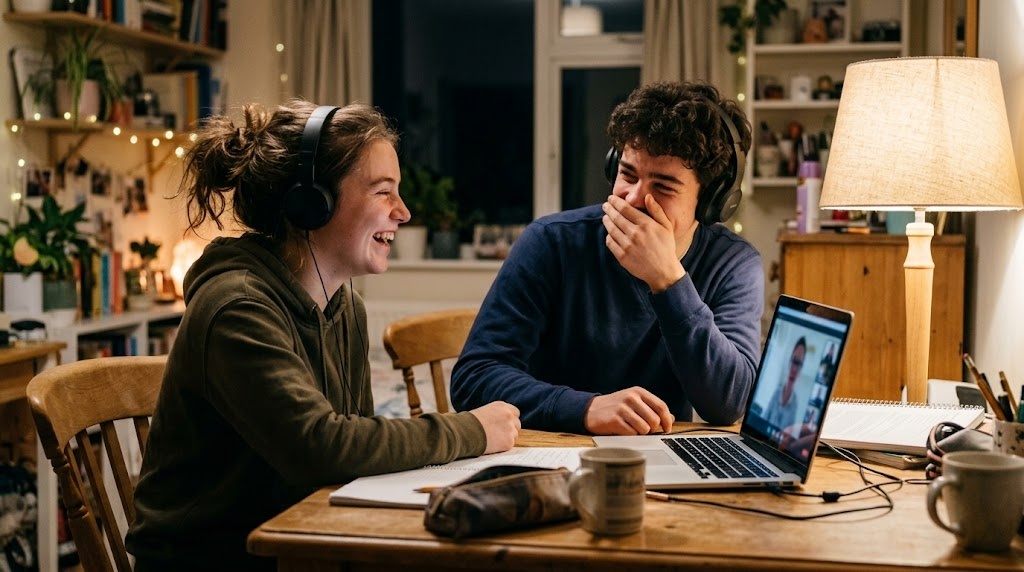 Two teenagers laughing during an online Japanese lesson, practising casual phrases with friends