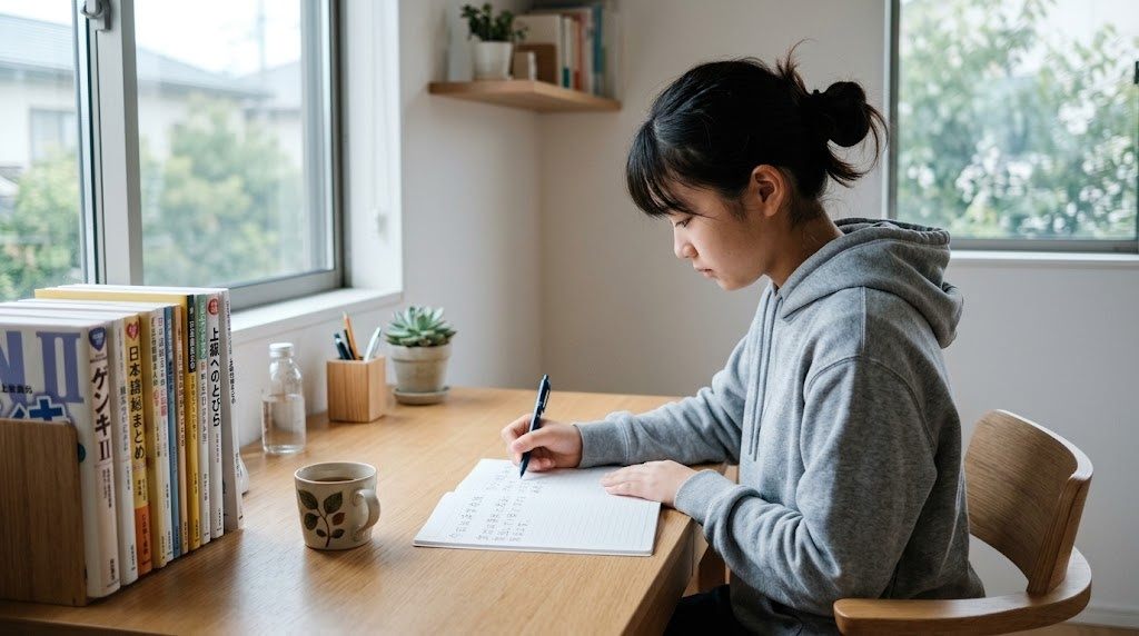 A focused teenager studying Japanese at a tidy desk, learning Japanese with Levi from Attack on Titan