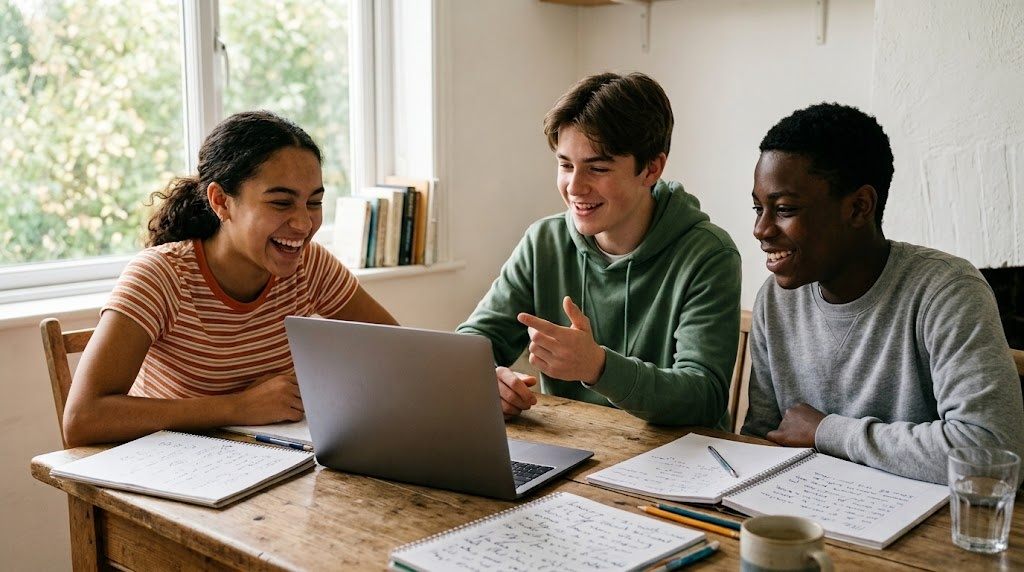 A small group of teenagers talking on a video call, practising Japanese with friends their own age