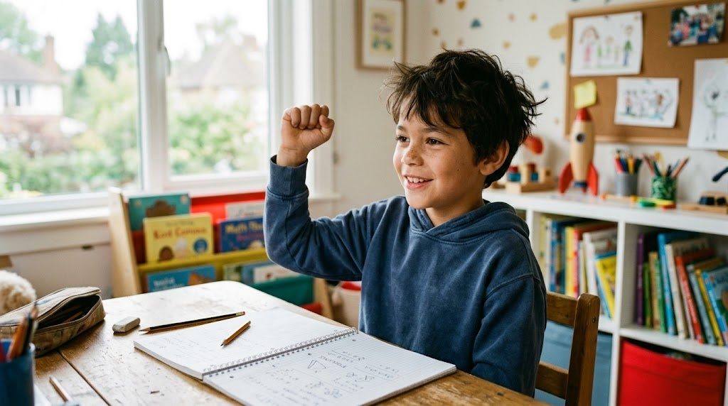A child cheering with a notebook, learning the Japanese word ganbatte from anime