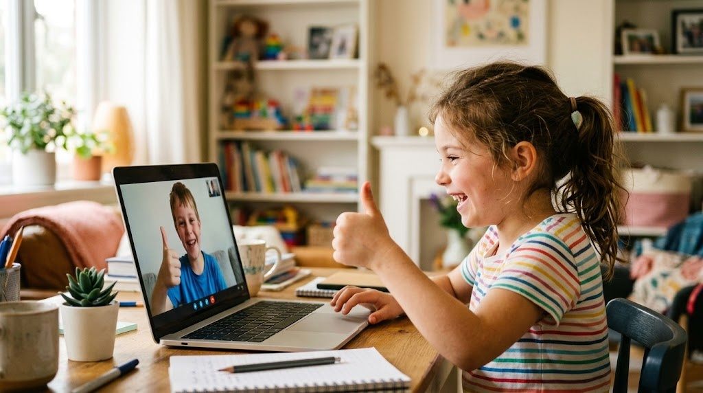Children encouraging each other on a video call, practising Japanese with friends their own age