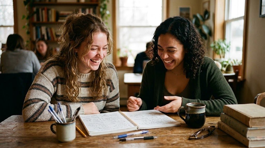 Friends laughing on a video call while practising Japanese phrases together