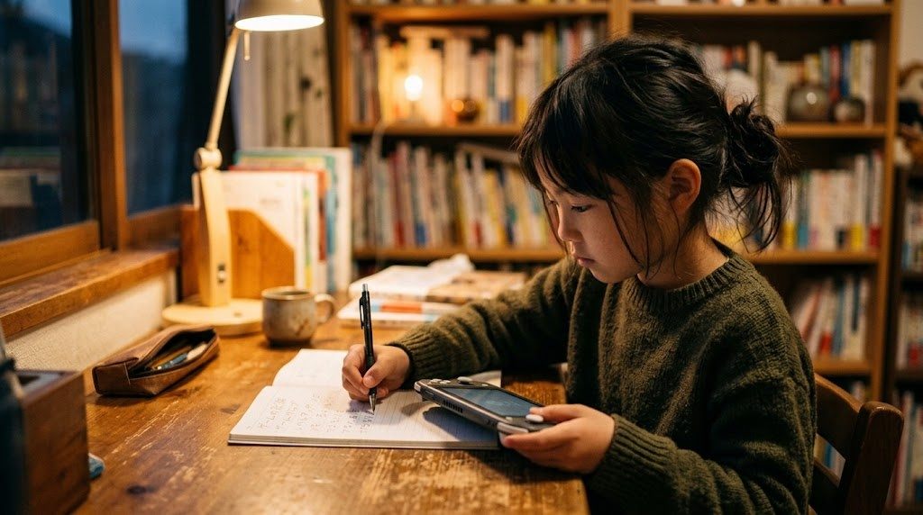 A child playing a game while writing Japanese notes, learning Japanese with Genshin Impact