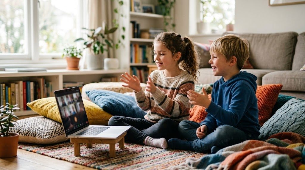Two children talking on a video call, turning game phrases into real Japanese conversation