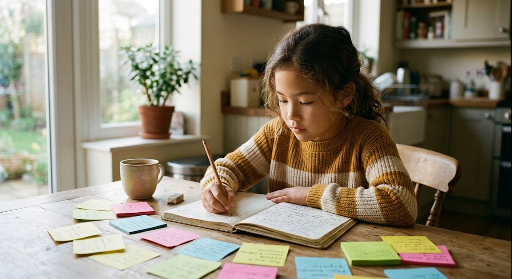A child writing Japanese honorifics such as san and kun in a notebook while learning from anime