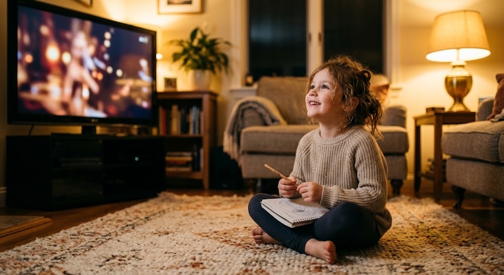 A young child watching an animated show and copying Japanese words into a notebook at home
