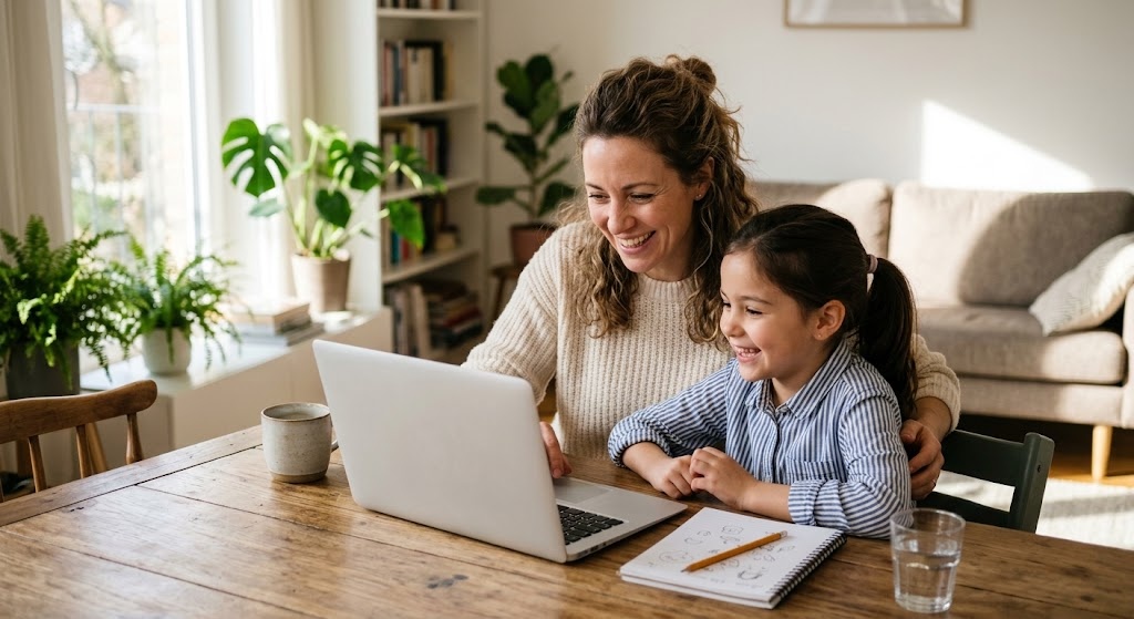 Two children laughing together during an online Japanese lesson with a teacher on screen