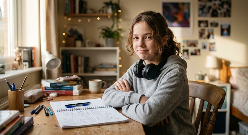 A teenager with headphones and folded arms smiling at her desk while studying Japanese